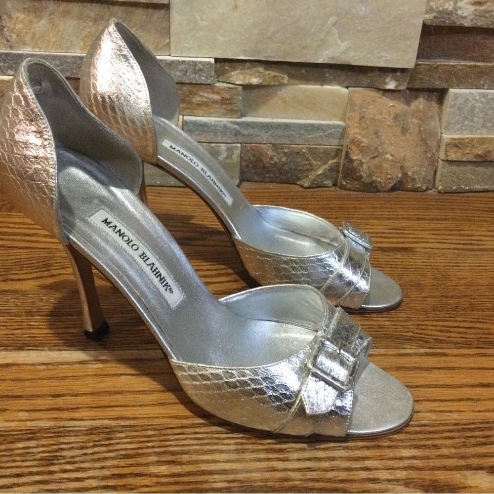 Monolo Blahnik Silver Python Embossed Leather D’o… - image 1